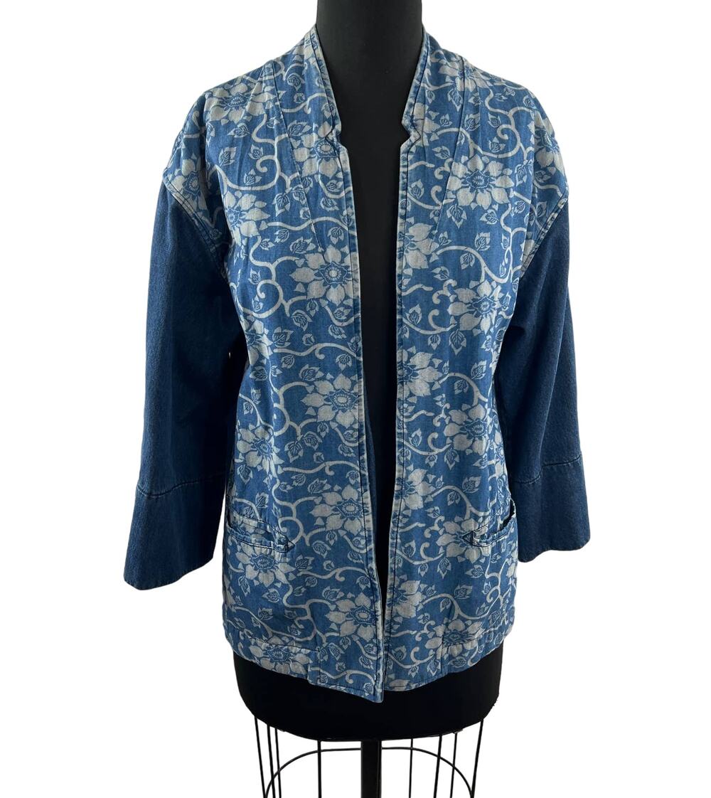 MiH Jeans Blue Floral Denim Jacket Kimono-Style Wide 3/4 Sleeves Open Front XS